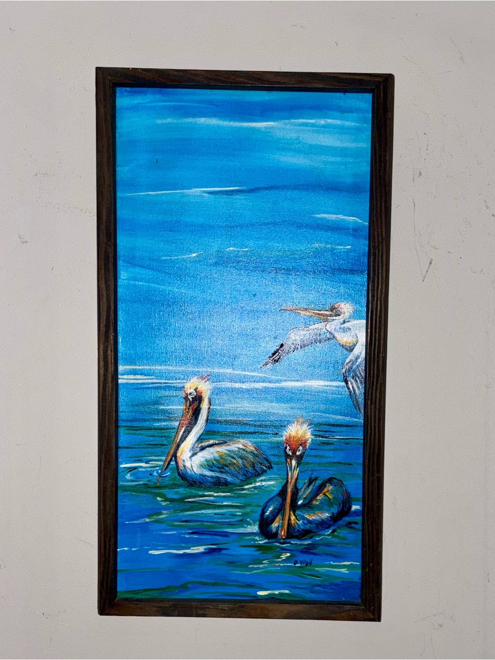 Original painting  by Dixie Vigel Pelican painting 2022 framed coastal wall art